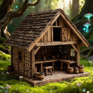Può includere: Una capanna in legno in miniatura con tetto di scandole, porta aperta e piccole finestre. La capanna è circondata da vegetazione, tra cui erba, fiori e alberi. Sono visibili botti e uno sgabello.