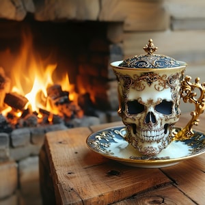 May include: A white and gold skull-shaped teacup and saucer set with ornate detailing. The teacup features a skull design, a gold handle, and a matching lid. The saucer has a similar design. The set is on a wooden surface.