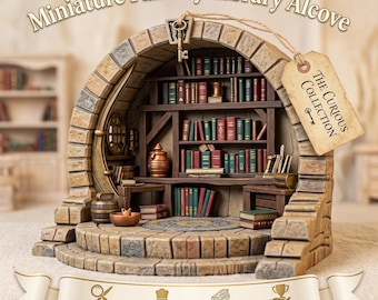 Puede incluir: Una alcoba de biblioteca de fantasía en miniatura con un arco de piedra, estantes de madera llenos de libros coloridos, un barril pequeño y una alfombra redonda. Una etiqueta colgante dice The Curious Collection con una llave.
