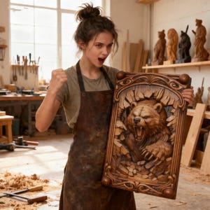 Puede incluir: Relieve de madera tallada a mano que representa un oso rompiendo un marco. El oso es marrón con la boca abierta y los dientes visibles. El marco está intrincadamente tallado con elementos decorativos. La obra de arte es sostenida por una persona en un taller.