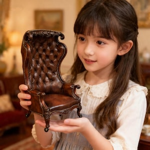 May include: Miniature brown leather armchair with a high back and button tufting. The small chair has ornate details on the arms and legs. The chair is held in a person's hands.