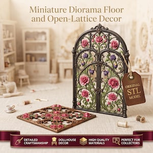 May include: A miniature arched gate and a square floor panel featuring an intricate open-lattice design with sculpted pink roses, purple buds, and green vines. A brown tag attached to the gate displays the text ORIGINAL STL MODEL.