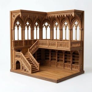 Puede incluir: Una biblioteca en miniatura de madera con dos niveles conectados por una escalera. La estructura incluye ventanas arqueadas de estilo g&oacute;tico, barandillas talladas y estanter&iacute;as integradas a lo largo de la pared inferior, todo en un tono marr&oacute;n c&aacute;lido.