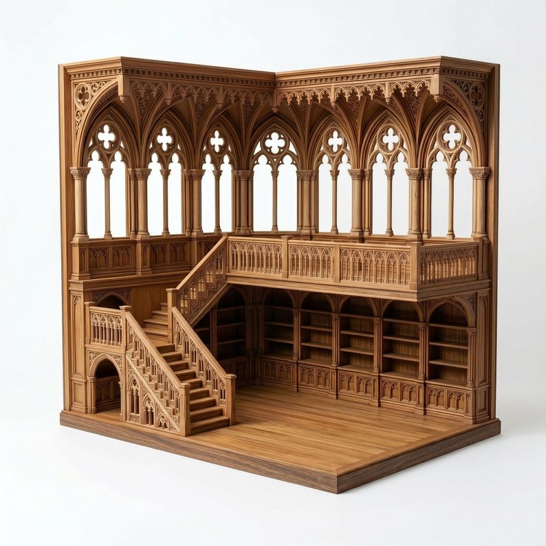 Puede incluir: Una biblioteca en miniatura de madera con dos niveles conectados por una escalera. La estructura incluye ventanas arqueadas de estilo g&oacute;tico, barandillas talladas y estanter&iacute;as integradas a lo largo de la pared inferior, todo en un tono marr&oacute;n c&aacute;lido.