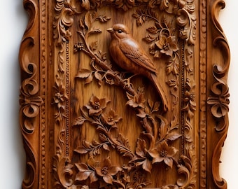 Baroque Bird Floral Relief STL – Ornate CNC Wood Carving Model (Digital Download)