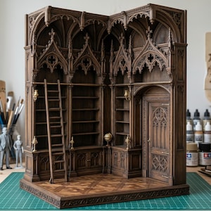 May include: A miniature wooden library diorama featuring dark brown gothic-style shelving, a tall sliding ladder, a detailed arched door, and intricate carved woodwork. The structure includes multiple shelves, small gold-toned wall sconces, and a globe.