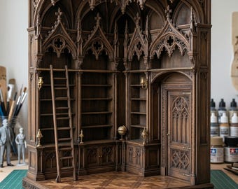 Gothic Scriptorium Diorama STL – 1:12 Scale Miniature Library, Lancet Arches, Ladder (Digital Download)
