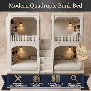 May include: A white quadruple bunk bed unit featuring four sleeping areas, integrated bookshelves, and a central staircase with storage drawers. The structure includes small wall-mounted lights in each section and a tag labeled Collector's Edition.
