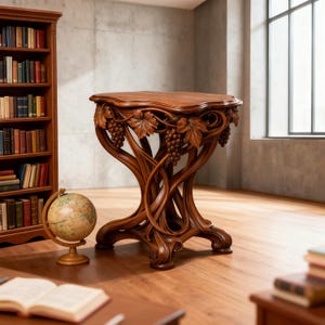 Peut inclure: Une table d'appoint en bois brun foncé, finement sculptée. Le dessus carré est orné de motifs de raisins et de feuilles sculptés. Le piètement est composé de supports entrelacés en forme de vigne. La table mesure environ 76 cm de haut.
