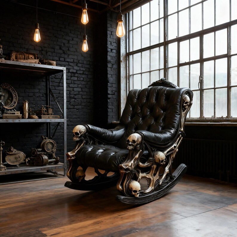 Macabre Skull Rocking Chair – Gothic Bone Furniture, Tufted Leather ...