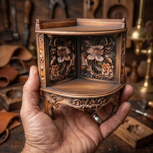 May include: A small, intricately carved wooden corner shelf, held in a hand. The shelf has a warm brown colour and features detailed floral patterns on the front panels. The legs and edges are also decorated. The shelf is designed to fit into a corner.