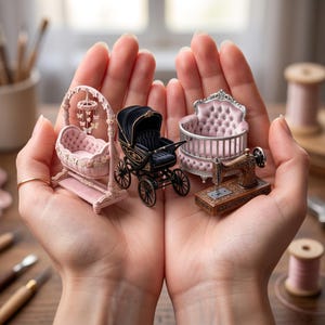 Puede incluir: Conjunto de muebles de bebé en miniatura que incluye una cuna rosa con móvil, un cochecito negro, una cuna rosa y una máquina de coser de bronce. El conjunto se sostiene en manos abiertas, mostrando los intrincados detalles y la artesanía.