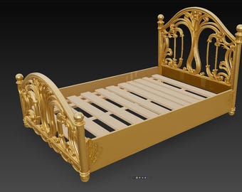 Puede incluir: Un marco de cama dorado con tallas ornamentadas en la cabecera y el pie de cama. La cama tiene una base de listones y un diseño decorativo, lo que sugiere un estilo vintage o antiguo. El marco de la cama es de metal brillante.