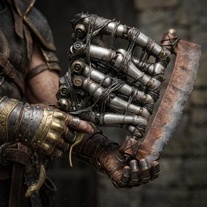 May include: A detailed image of a mechanical hand holding a rusty blade. The hand is constructed of metal tubes and wires, with intricate details. The blade has a worn, aged appearance. The overall aesthetic suggests a fantasy or steampunk theme.