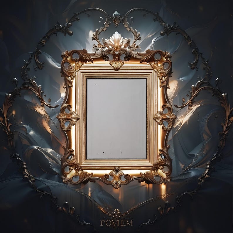 May include: A gold-colored, ornate mirror with a rectangular frame. The mirror is surrounded by an elaborate, decorative border with swirling floral and leaf patterns. The background features a draped, flowing fabric in shades of gray and blue.