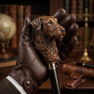 Peut inclure: Une canne de marche marron avec une poignée en forme de tête de chien sculptée. La poignée présente des motifs floraux complexes et une bande argentée avec la lettre "R". La canne est tenue par une personne portant des gants en cuir marron. L'arrière-plan comprend des livres et un globe.