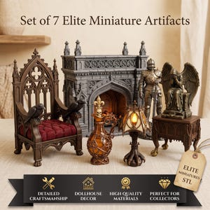 May include: A set of 7 miniature artefacts including a dark brown throne with a red cushion and two ravens, a grey stone fireplace, a knight in armour, a winged angel statue, an amber-coloured decanter, and a lamp, with text reading Set of 7 Elite Miniature Artifacts.