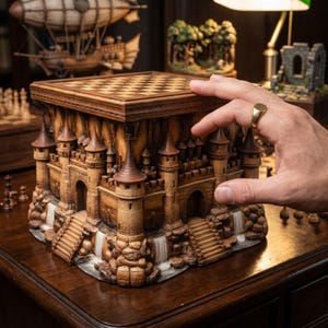 Puede incluir: Un detallado juego de ajedrez de madera con diseño de castillo. El tablero de ajedrez está en la parte superior, con una fachada de castillo debajo, con torres, escaleras y cascadas. El conjunto es marrón y beige, con un acabado de madera oscura.