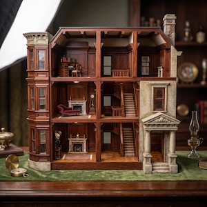 May include: A multi-story dollhouse with a dark wood interior, featuring paneled walls, staircases, fireplaces, and miniature furniture. The exterior includes a stone-colored facade with a columned entrance and a bay window section on the left side.