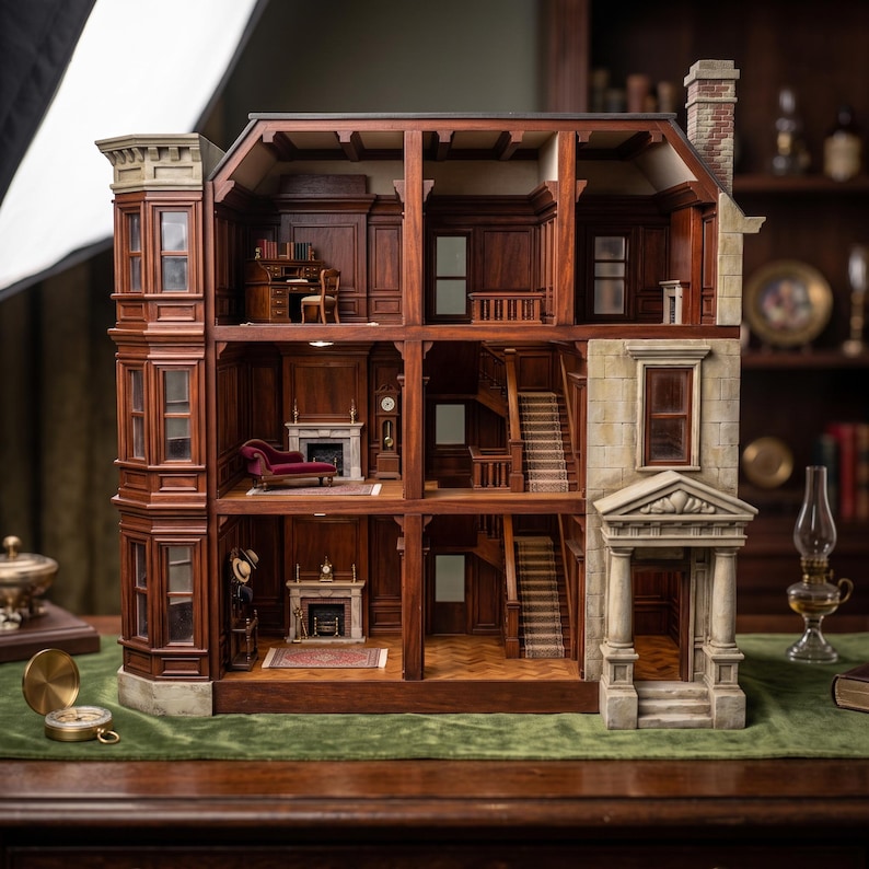 May include: A multi-story dollhouse with a dark wood interior, featuring paneled walls, staircases, fireplaces, and miniature furniture. The exterior includes a stone-colored facade with a columned entrance and a bay window section on the left side.