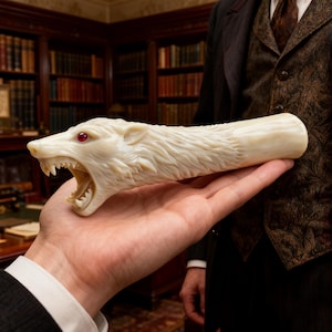 May include: A carved ivory-colored object shaped like a snarling wolf's head with red eyes. The wolf's head transitions into a cylindrical form. The object is held in a person's hand, with a blurred background of a library.