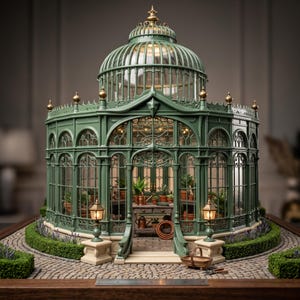 May include: A miniature green greenhouse with a domed roof, arched windows, and gold finials. The interior features a wooden workbench with potted plants, a watering can, and a coiled hose. Two small lamps flank the entrance on a stone-paved base.