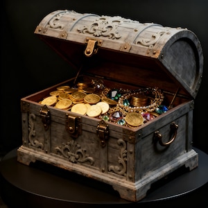 Puede incluir: Un cofre del tesoro de madera abierto, lleno de monedas de oro, collares y gemas de colores. El cofre tiene tallas ornamentadas y herrajes de latón. El interior es de madera oscura, sobre una superficie negra.