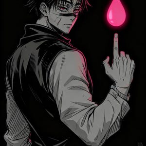 Könnte beinhalten: Illustration einer Person mit schwarzen Haaren und roten Augen, die eine schwarze Weste und ein weißes Hemd trägt. Eine pinkfarbene, leuchtende Tropfenform befindet sich in der Nähe des Fingers der Person. Der Hintergrund ist schwarz. Japanischer Text ist sichtbar.