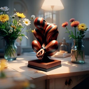 May include: A contemporary sculpture of a person in a seated pose, featuring a red and black striped pattern. The sculpture is mounted on a wooden base and placed on a wooden table. Vases of flowers are also on the table.
