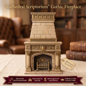 Könnte beinhalten: Ein beigefarbener Miniaturkamin mit einem gemauerten Schornstein, gotischen architektonischen Details und einem Metallgitter. Ein seitlich angebrachtes Etikett trägt die Aufschrift "Artisan Quality". Der Text "Cathedral Scriptorium" Gothic Fireplace steht darüber.