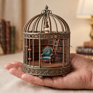 Könnte beinhalten: Eine Miniatur-Vogelkäfig-Struktur in Bronzetönen mit einer detaillierten Bibliotheksszene. Im Inneren steht ein türkisfarbener Samtsessel auf einem Holzboden, umgeben von geschwungenen Bücherregalen, einer kleinen Holzleiter und einer Lampe.