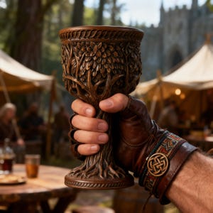 May include: A brown, intricately carved chalice with a tree design, held in a gloved hand. The chalice features detailed carvings of leaves and branches. The background shows a medieval-themed outdoor setting.