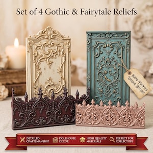 May include: A set of four rectangular and arched relief panels featuring intricate scrollwork and architectural motifs. The collection includes one cream, one teal, one dark burgundy, and one metallic copper piece with a hanging tag.