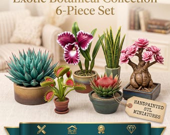 May include: Exotic Botanical Collection 6-Piece Set featuring miniature plants including a blue-green agave, a purple orchid, a Venus flytrap, a snake plant, a red protea, and a pink-flowered tree in pots with a tag reading Handpainted STL Miniatures.