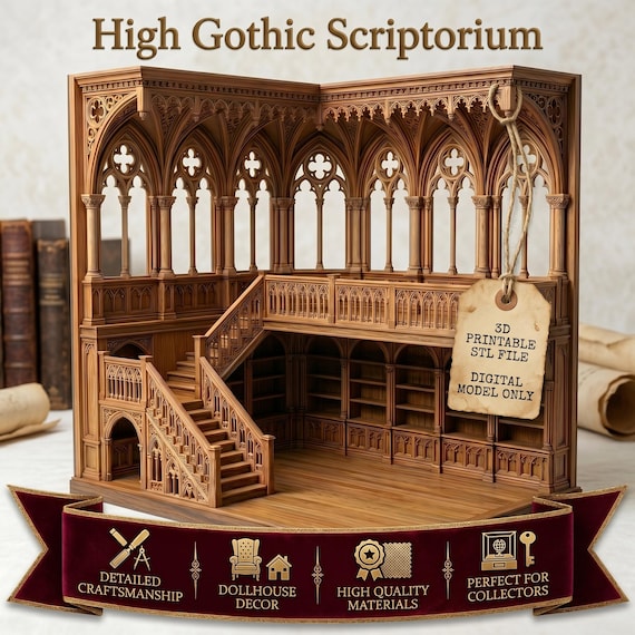 High Gothic Scriptorium STL – Ornate Miniature Library Diorama (Digital Download)