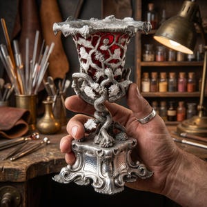 May include: Ornate silver chalice with a red interior. The chalice features intricate floral and vine detailing, a twisted stem, and a decorative base. The rim has a ruffled edge. The chalice is held in a hand, suggesting craftsmanship and artistry.
