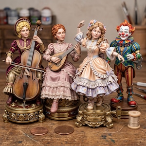 Puede incluir: Cuatro figuras detalladas sobre bases circulares ornamentadas: una violonchelista con vestido granate, una mandolinista con vestido rosa empolvado, una bailarina con vestido melocotón y lavanda, y un payaso con traje de cuadros, con dos monedas y un carrete de hilo.
