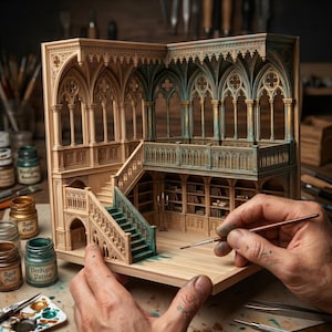 Puede incluir: Un modelo en miniatura de madera de una biblioteca g&oacute;tica de dos pisos con columnas arqueadas intrincadas, una escalera con detalles en verde y estanter&iacute;as integradas. La estructura muestra tallas arquitect&oacute;nicas detalladas y un balc&oacute;n.