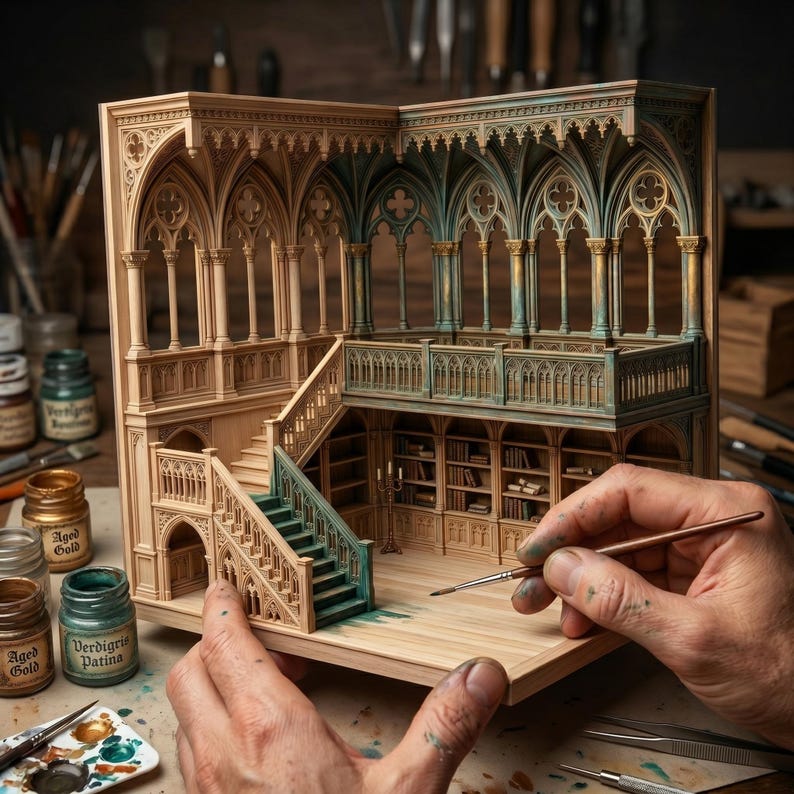 Puede incluir: Un modelo en miniatura de madera de una biblioteca g&oacute;tica de dos pisos con columnas arqueadas intrincadas, una escalera con detalles en verde y estanter&iacute;as integradas. La estructura muestra tallas arquitect&oacute;nicas detalladas y un balc&oacute;n.