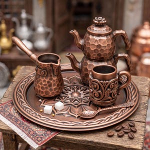 Premium Traditional Turkish Hammered Copper Tea and Coffee Set High Resolution 3D Printable STL Files Miniature Diorama Accessories