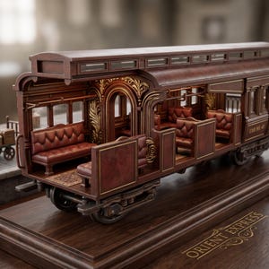 May include: A detailed model of a train carriage featuring dark wood paneling, tufted brown leather bench seating, and gold-toned decorative archways. The side of the exterior is marked with the text CAR NO. 45, and the base displays ORIENT EXPRESS.