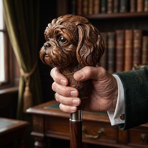 Pode incluir: Uma bengala de madeira detalhada com uma pega em forma de cabeça de cão esculpida. O pelo do cão é intrincadamente esculpido, e a bengala tem um eixo castanho escuro com uma faixa de metal prateado. O fundo é uma biblioteca.