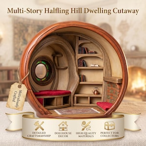 May include: A round, multi-story halfling hill dwelling cutaway featuring a wooden interior, a circular window with stained glass, red cushioned seating, built-in bookshelves with miniature books, a brick fireplace, and a small metal kettle.