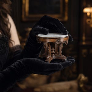 May include: A miniature, ornate wooden table with a marble top. The table features intricate carvings and a dark brown finish. The table is held by a person wearing black velvet gloves, suggesting a vintage or antique aesthetic.