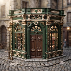 Puede incluir: Una maqueta de escaparate con fachada verde oscuro y adornos dorados, una puerta doble central de madera y grandes ventanales que muestran estanterías con botellas pequeñas y libros, acompañada por una farola alta en el lateral.