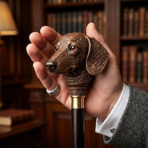 Puede incluir: Un bastón marrón con un mango con forma de cabeza de perro salchicha tallada. La cabeza del perro presenta patrones intrincados y ojos detallados. El bastón tiene un eje de madera oscura con una banda de metal dorada.