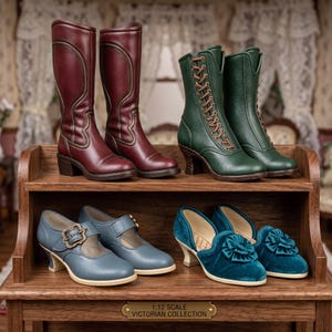May include: A wooden shelf displaying four pairs of miniature shoes. The top shelf holds burgundy tall boots and green lace-up boots. The bottom shelf features blue buckled shoes and teal velvet pumps with rosettes. A plaque reads 1:12 SCALE VICTORIAN COLLECTION.