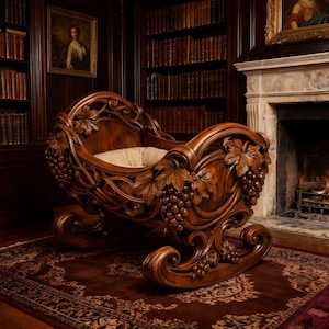 May include: A handcrafted wooden baby cradle with intricate carvings of grape vines and leaves. The cradle has a rocking base and a soft, cream-colored cushion. The dark brown wood contrasts with the light cushion, creating a classic, elegant look.