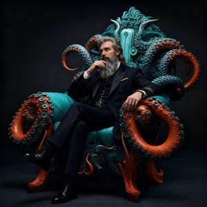 Puede incluir: Un trono con temática de pulpo en color turquesa y naranja. La silla presenta grandes tentáculos como reposabrazos y respaldos, con detalles intrincados. Una pieza de mobiliario única, perfecta para decoración de fantasía o náutica.