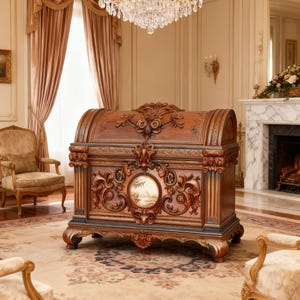 May include: A large, ornate wooden chest with intricate carvings and a landscape painting on the front. The chest is brown with gold accents and sits on a patterned rug in a luxurious room. A crystal chandelier hangs above.